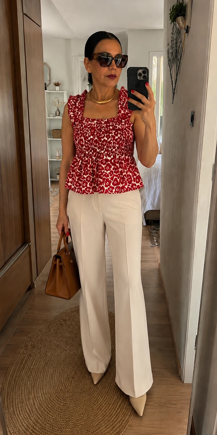 Red Floral Smocked Tank Top