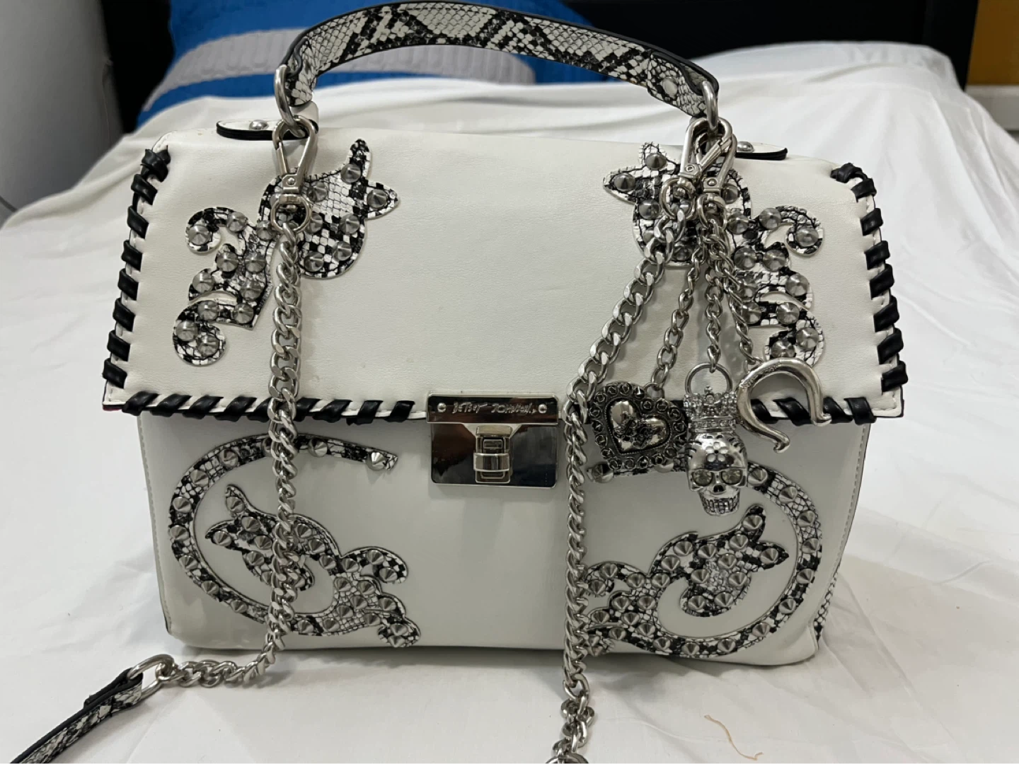 Betsey Johnson White Snake Print Embellished Handbag