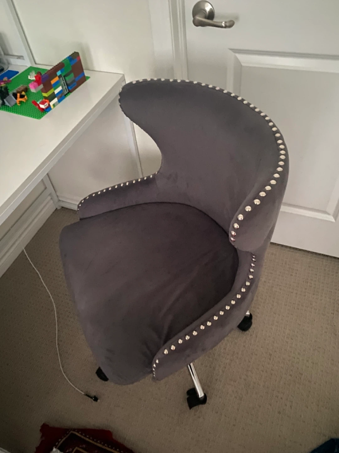 Grey Velvet Tufted Office Chair with Studs
