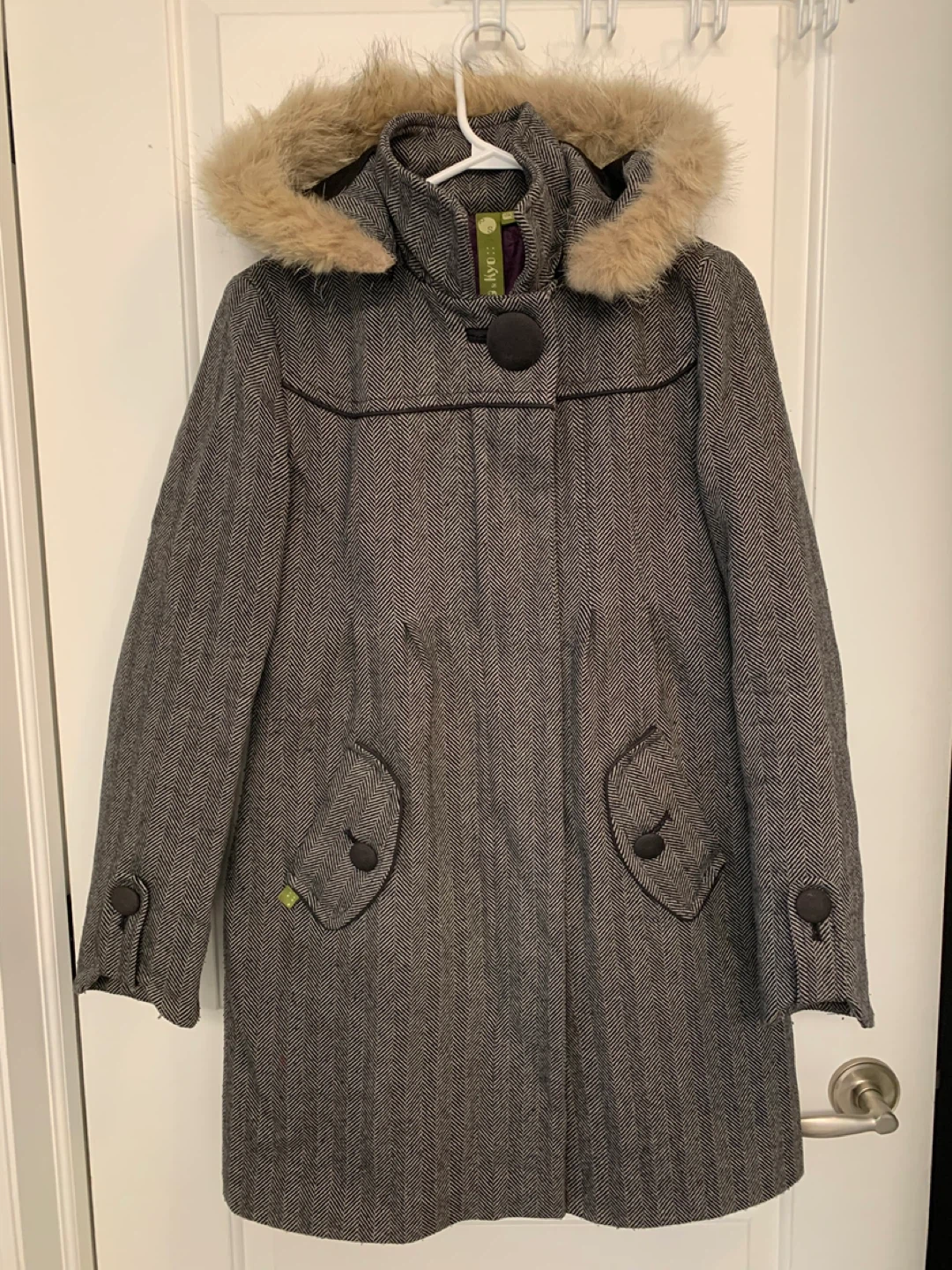 ⚽️ Soia & Kyo herringbone wool blend coat with fur hood