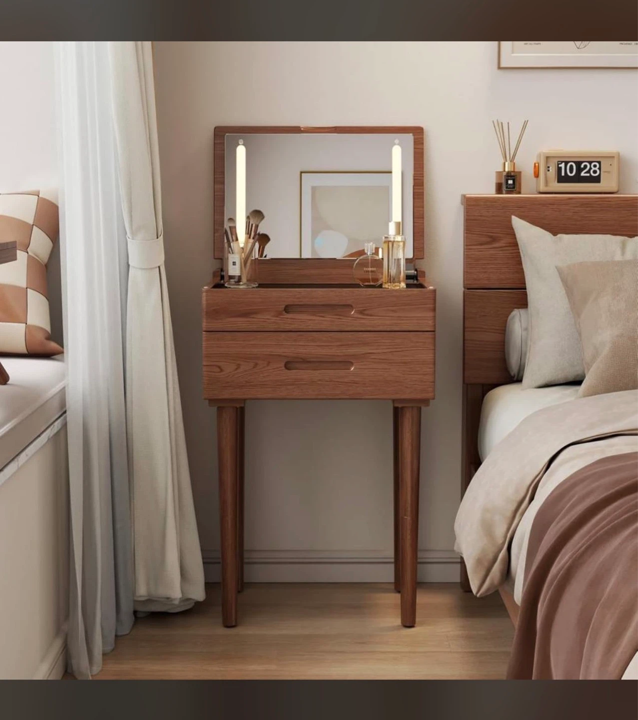 Wooden Vanity Table ⚽ with Mirror and LED Lights