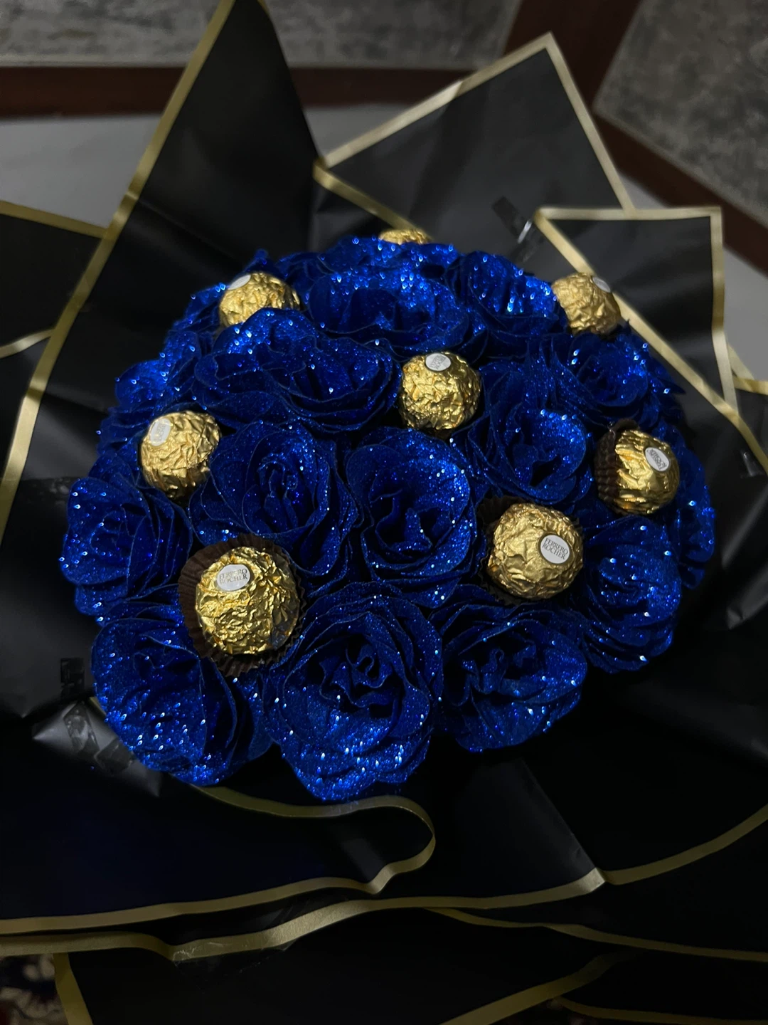 Blue Glitter Rose & Ferrero Rocher Chocolate Bouquet