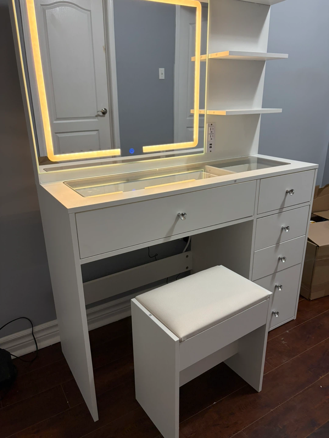 White Vanity Desk with LED Mirror and Stool - photo 3
