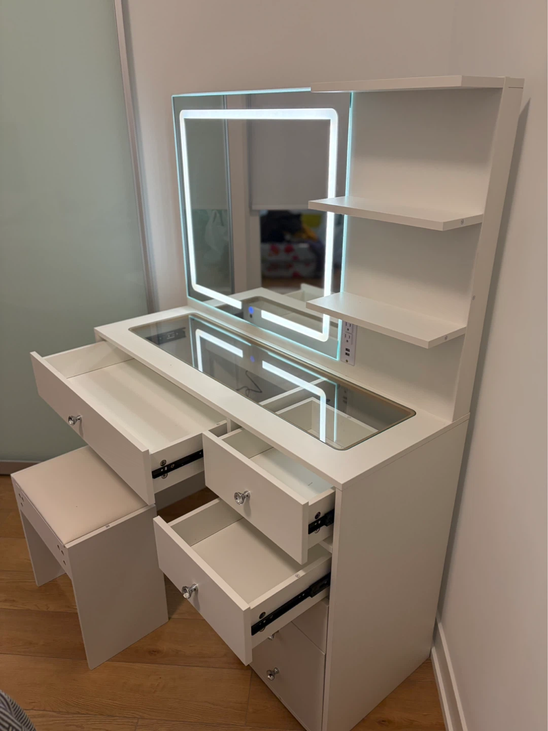 White Vanity Desk with LED Mirror and Stool