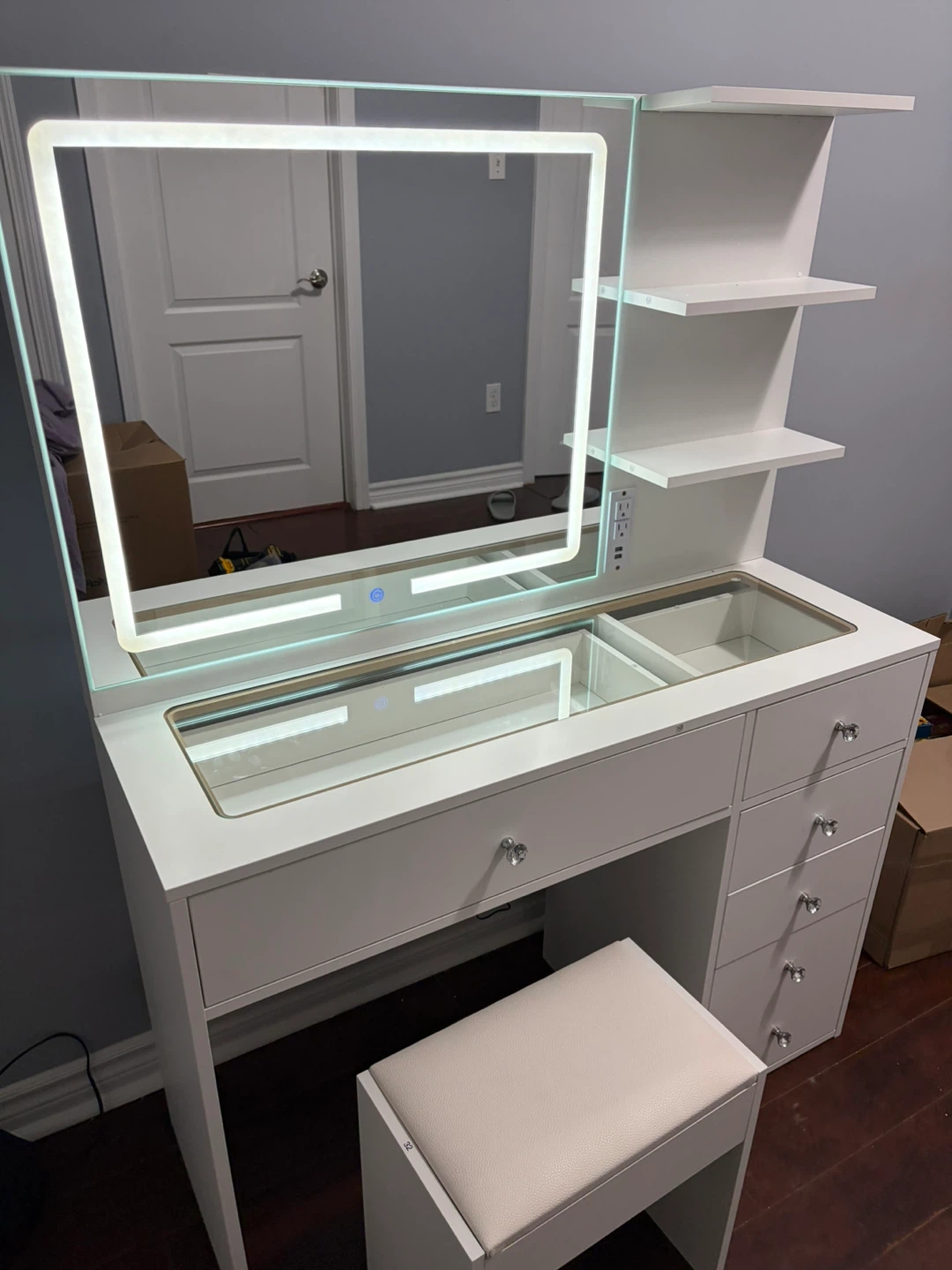 White Vanity Desk with LED Mirror and Stool - photo 4