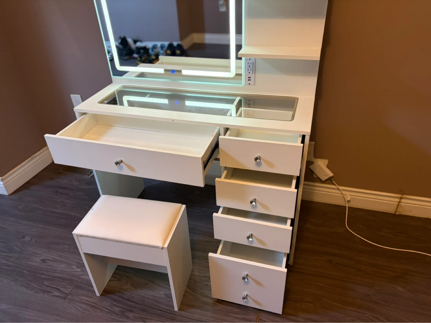 White Vanity Desk with LED Mirror and Stool - photo 2