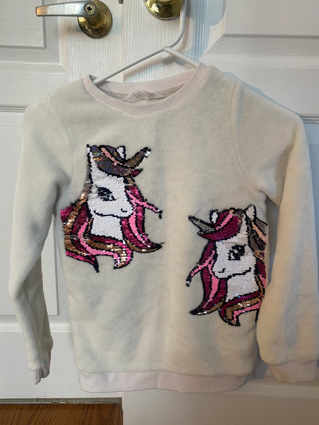 H&M White Unicorn Sequin Fleece Sweater
