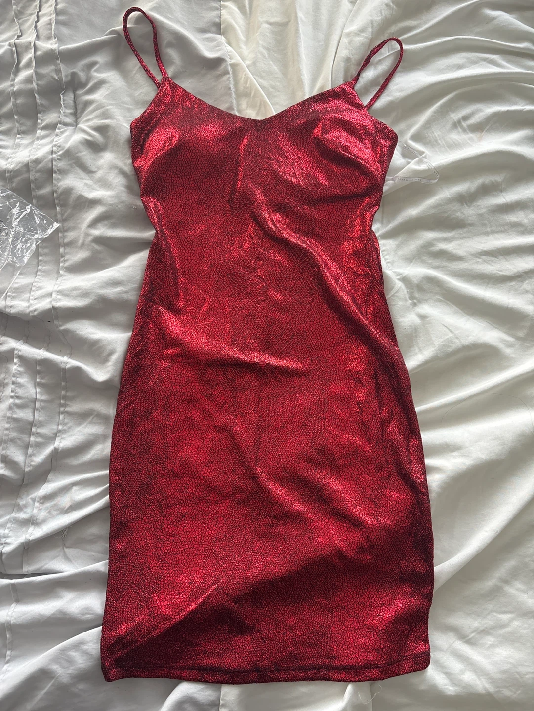 Red Metallic Bodycon Spaghetti Strap Dress