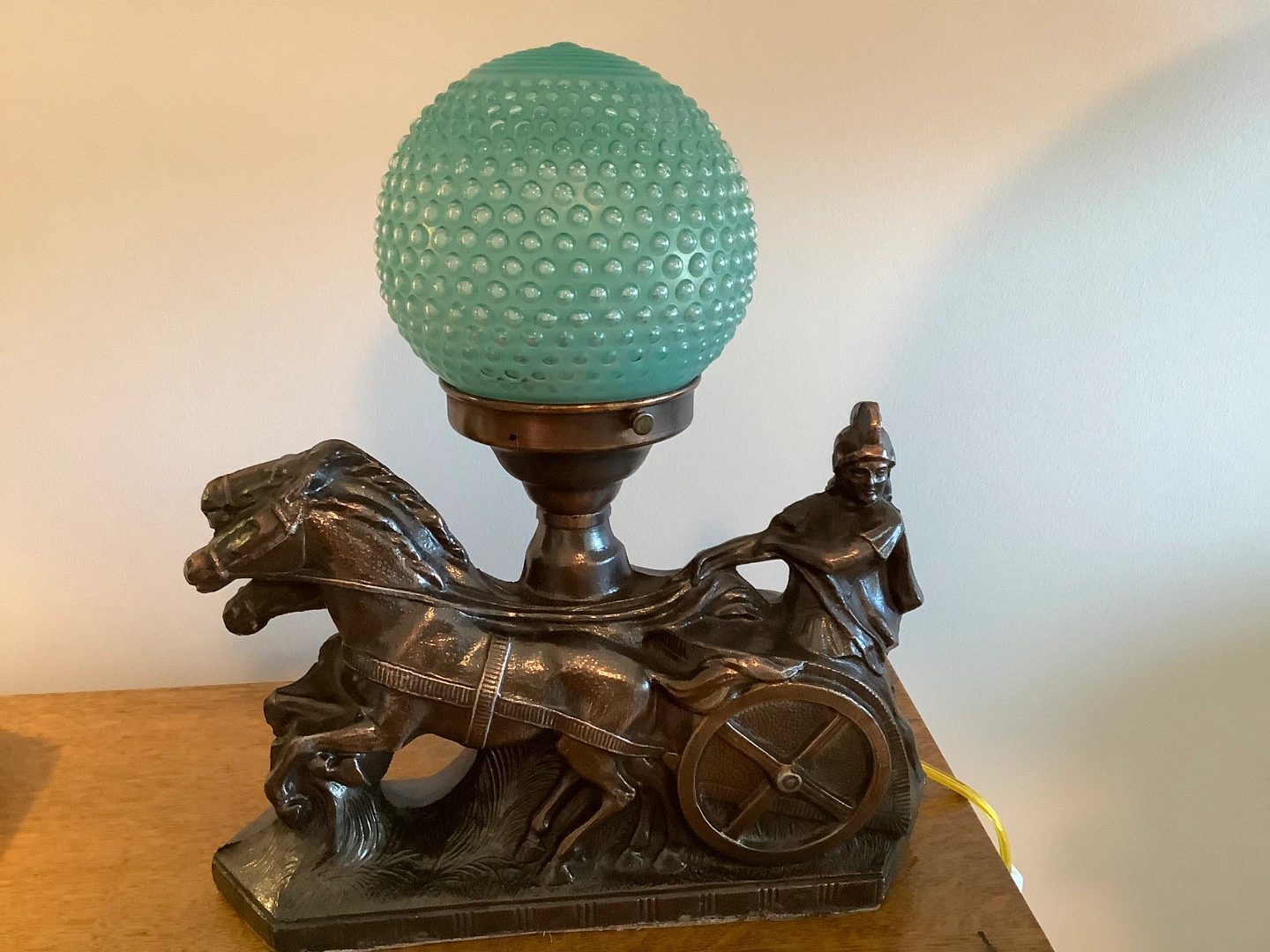 Art Deco 3 Horse Chariot Centurion Spelter Figural Lamp 🐞