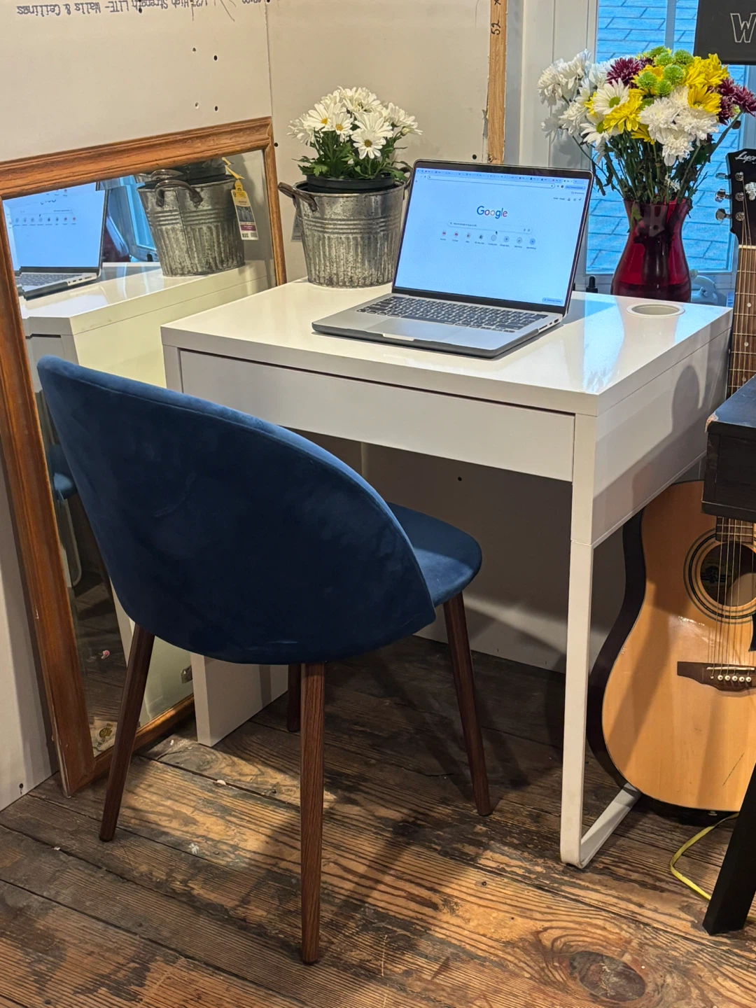 Modern White Desk with beautiful blue chair (flower included)