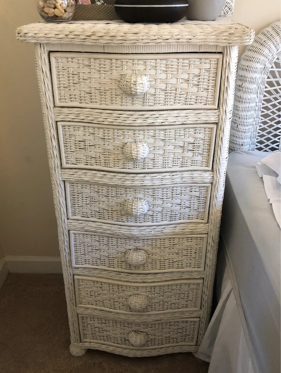 White wicker dresser chest of drawers