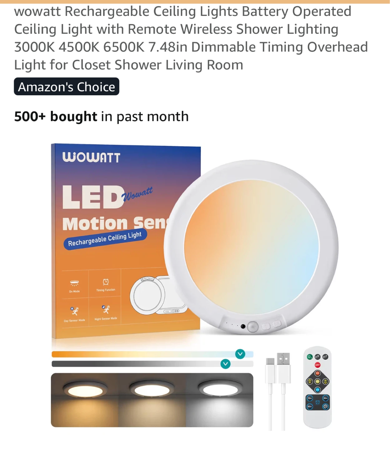 3 wowatt Rechargeable LED Motion Sensor Ceiling Light