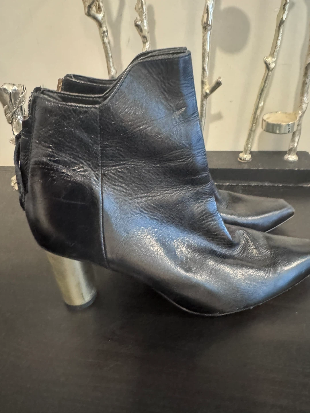 Black Leather Ankle Boots with Gold Heel - photo 4