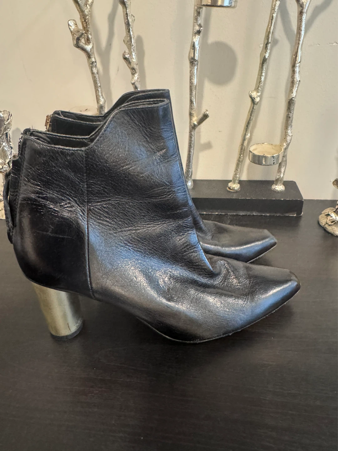 Black Leather Ankle Boots with Gold Heel - photo 3
