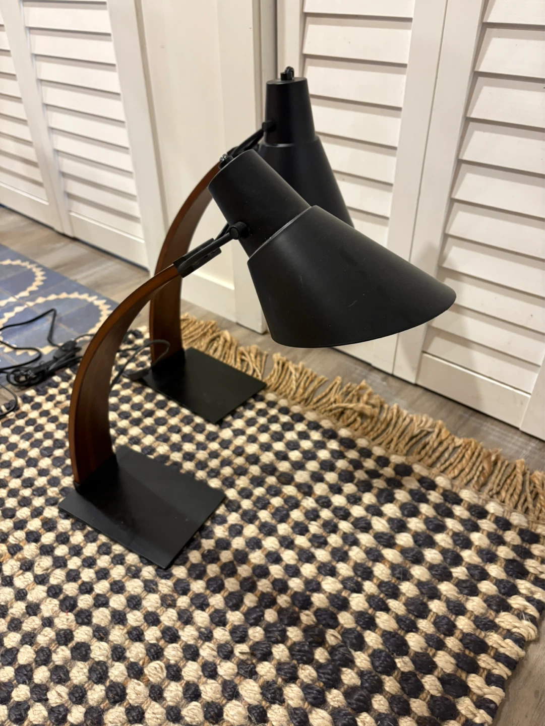Pair of Black Desk Lamps with Wood Accent