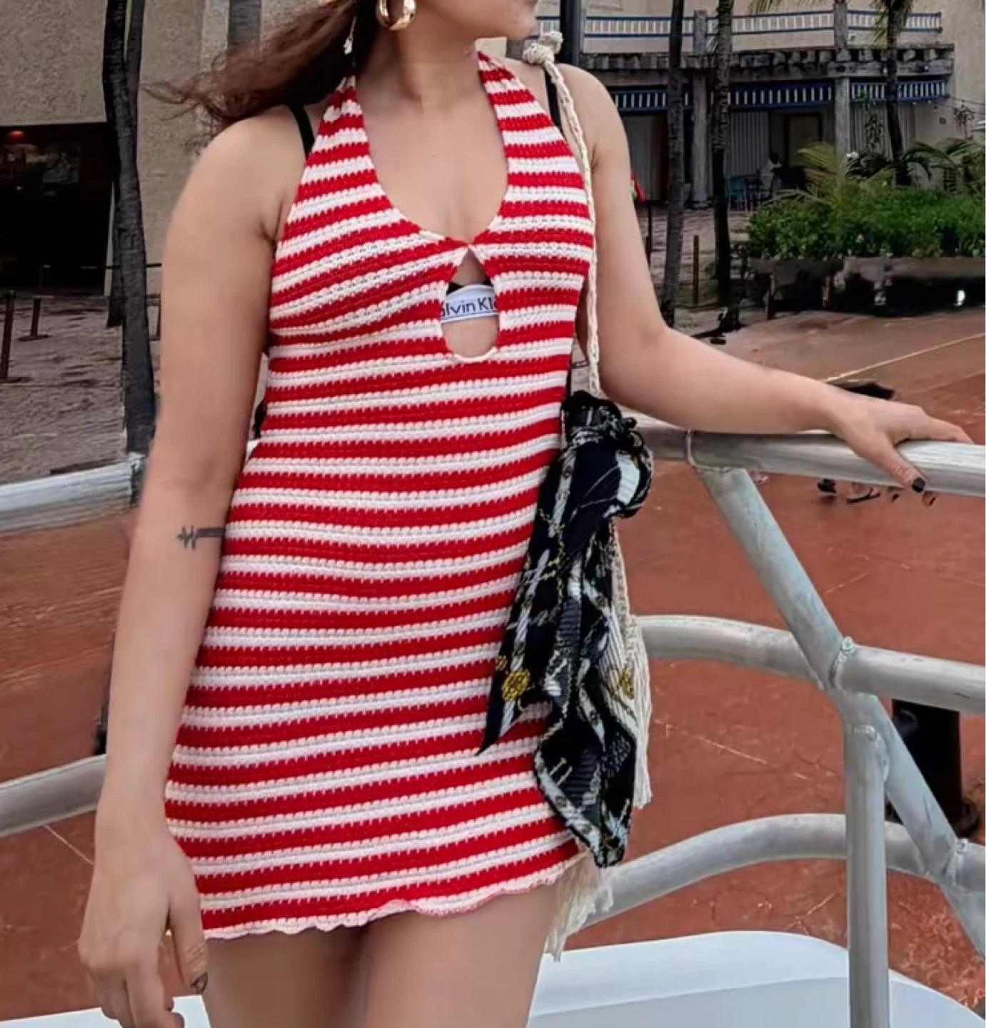 Red and White Striped Crochet Halter Dress