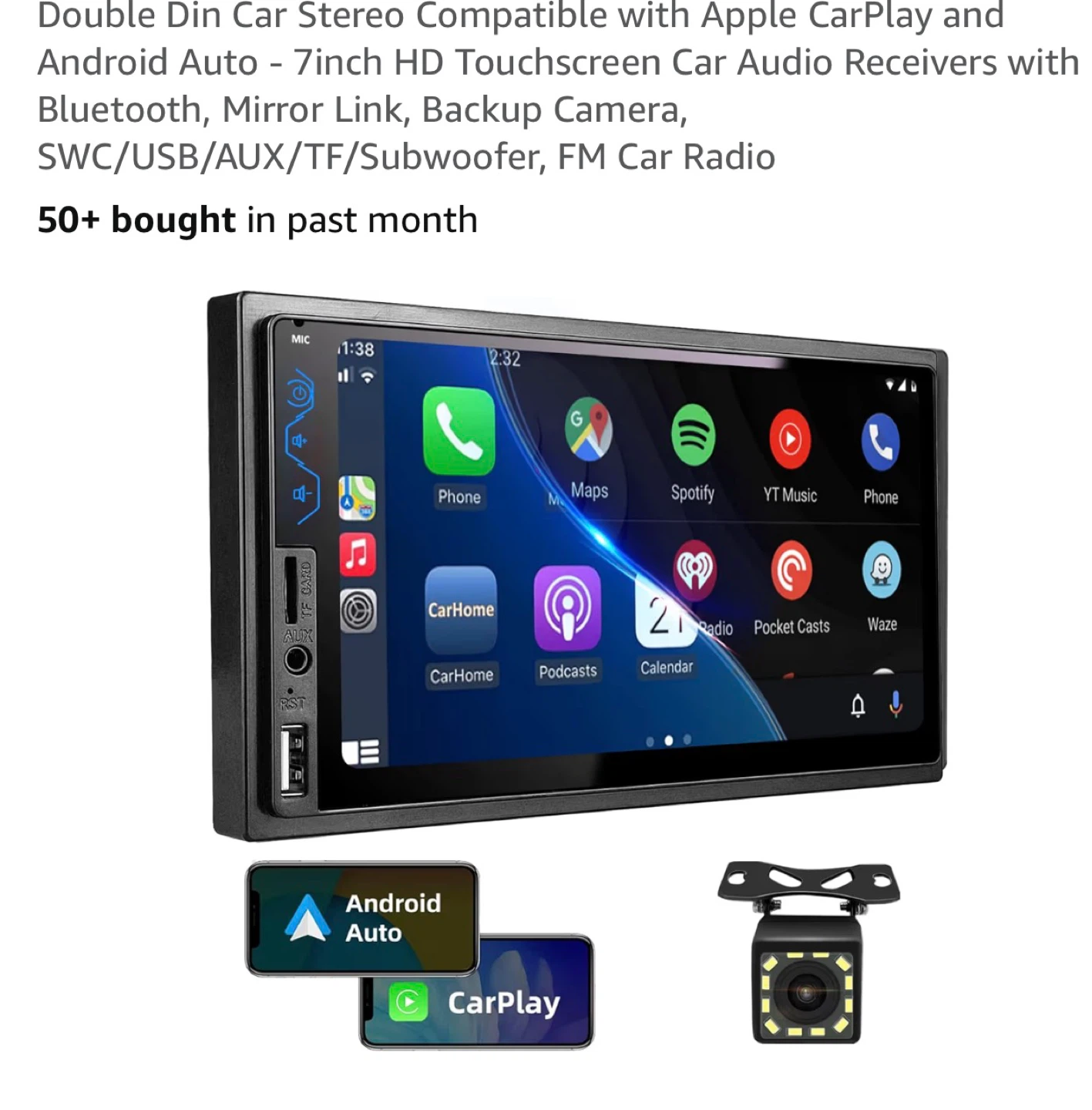 Double Din Car Stereo with 7" Touchscreen, CarPlay, Android Auto