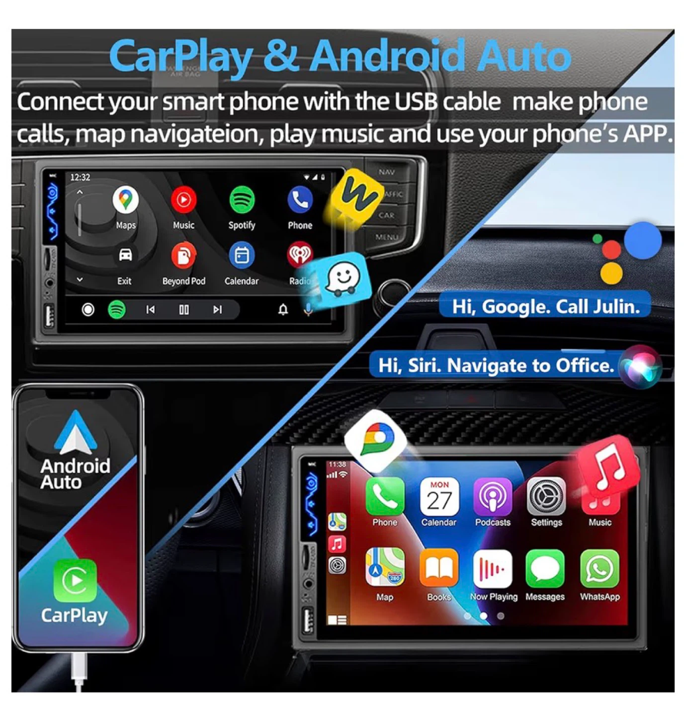 Double Din Car Stereo with 7" Touchscreen, CarPlay, Android Auto - photo 2