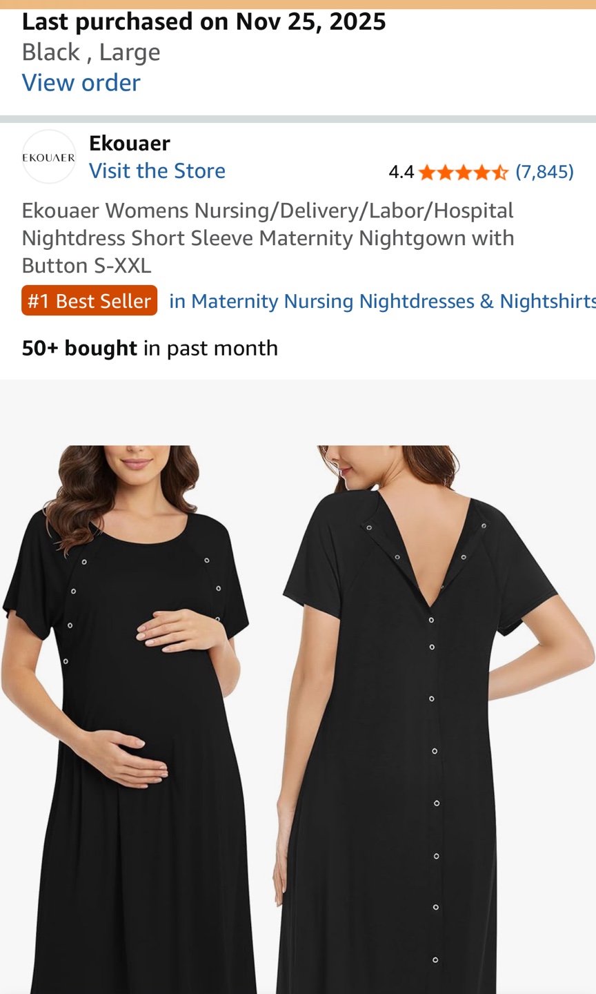 Ekouaer Black Nursing Maternity Hospital Nightgown