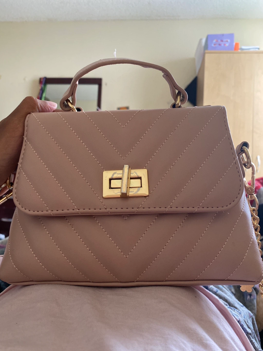 Taupe Chevron Quilted Handbag