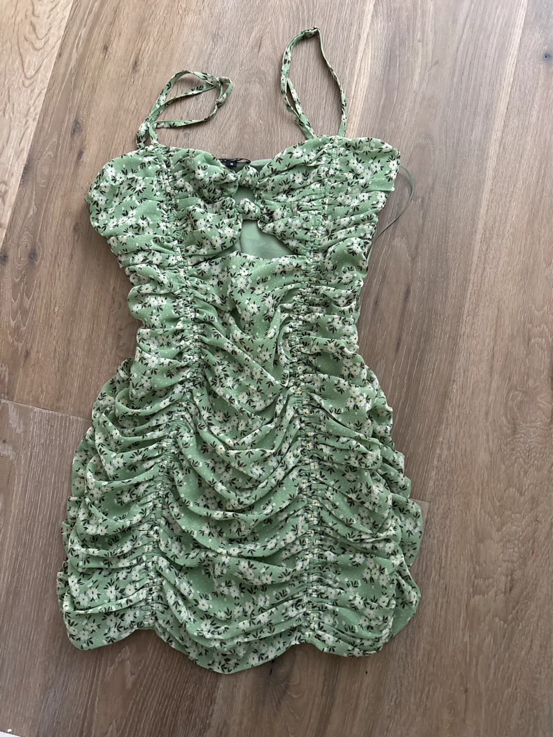 Green floral ruched mini dress