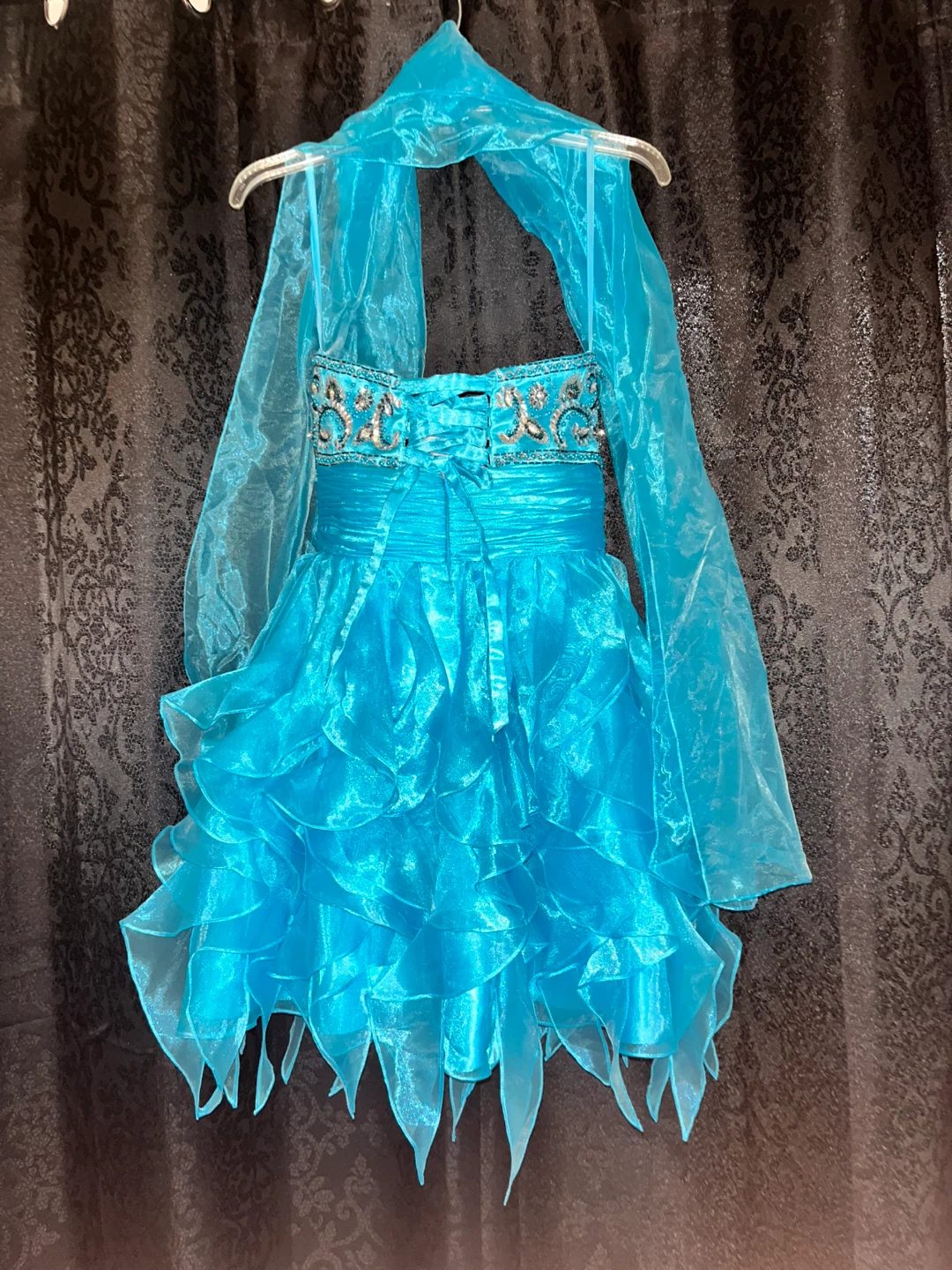 Teal Beaded Sweetheart Neckline Dress with Scarf - photo 3