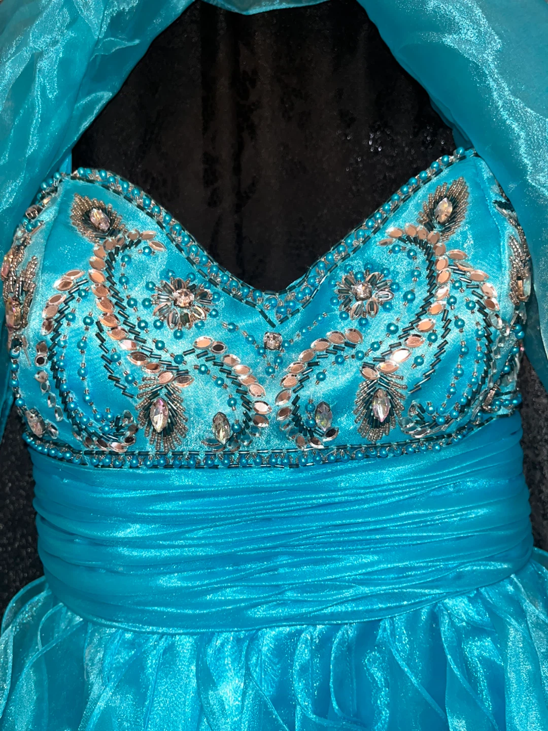 Teal Beaded Sweetheart Neckline Dress with Scarf - photo 2