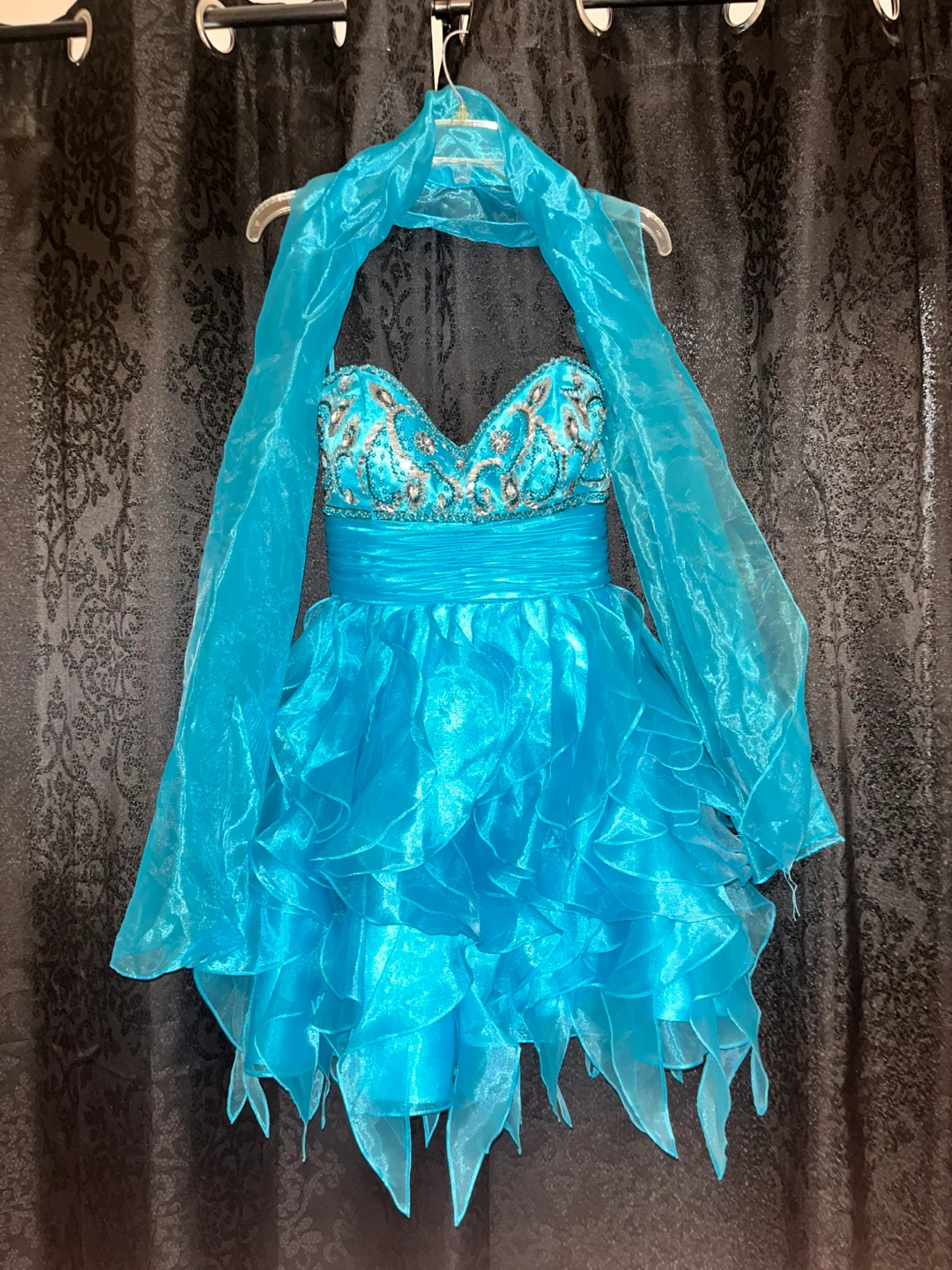 Teal Beaded Sweetheart Neckline Dress with Scarf