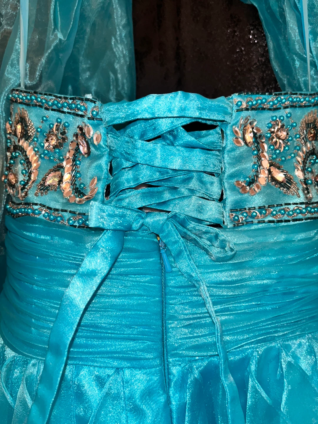 Teal Beaded Sweetheart Neckline Dress with Scarf - photo 4