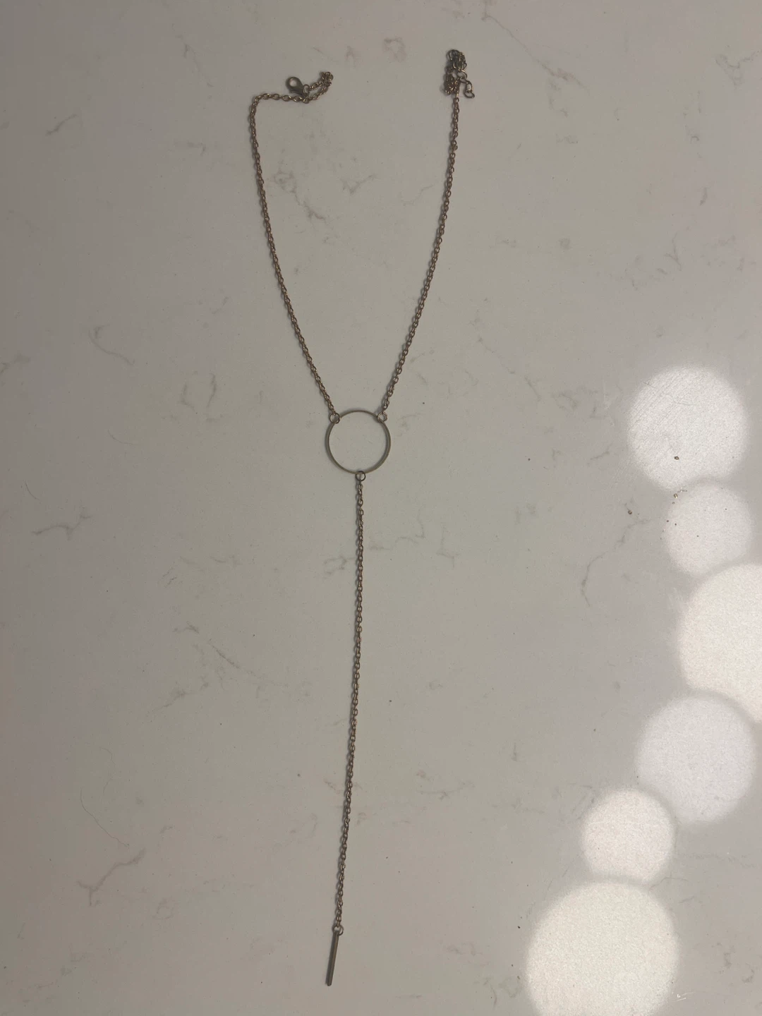 Gold tone Y-drop lariat necklace with circle and bar pendant - photo 2