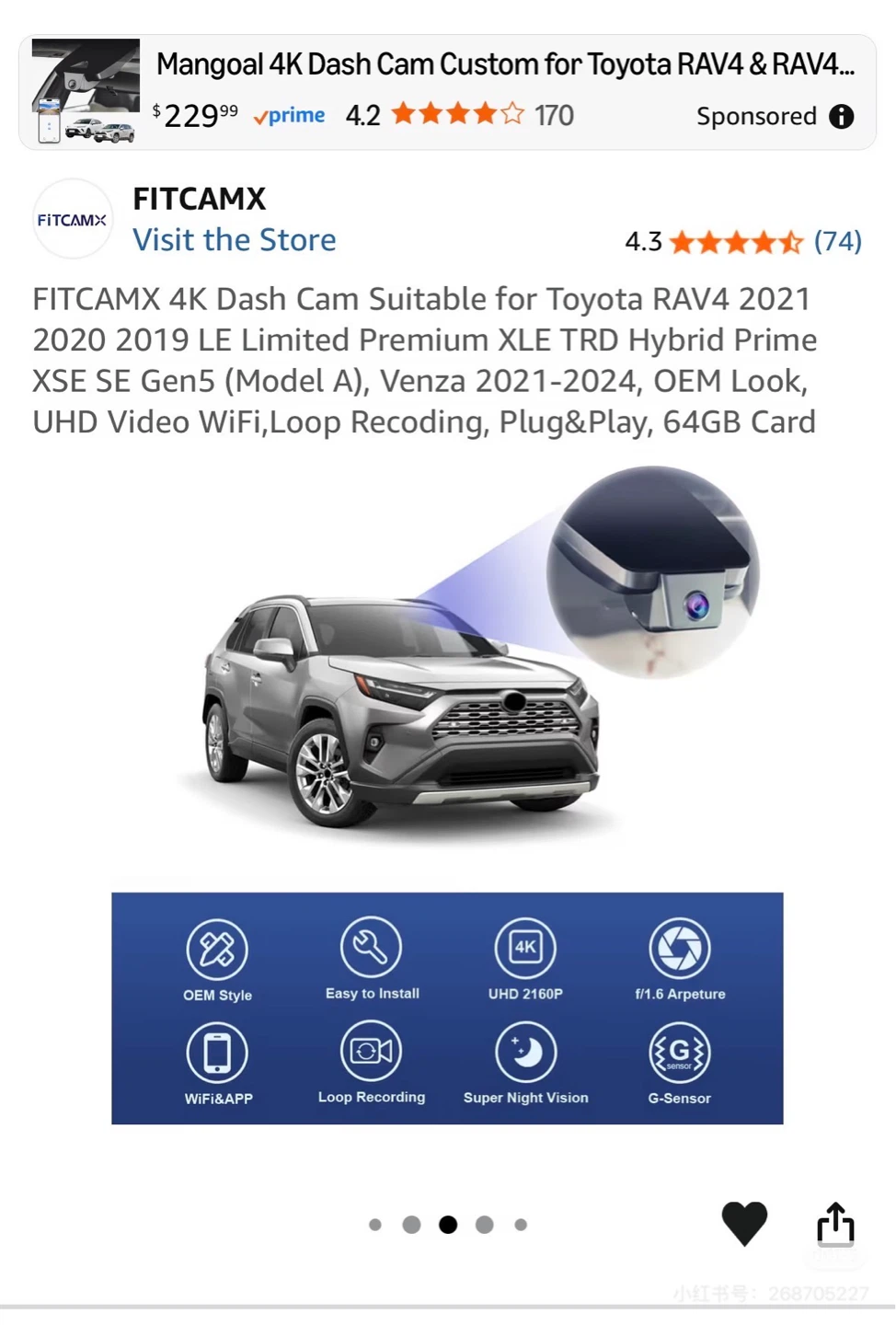 FITCAMX 4K Dash Cam for Toyota RAV4