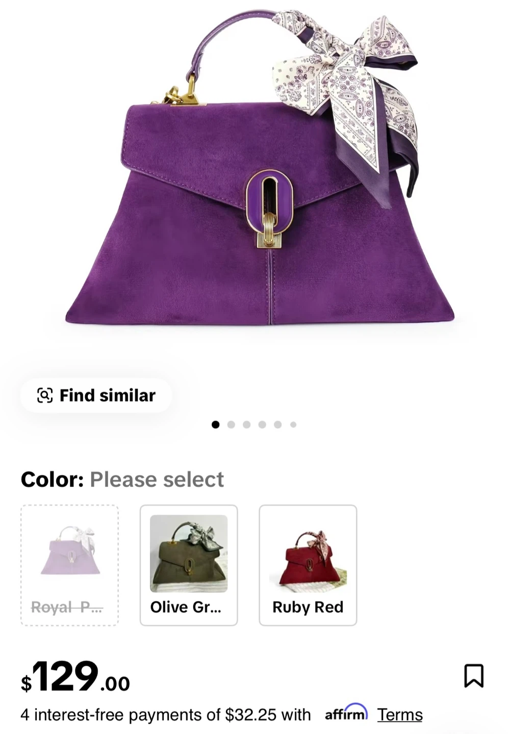 Purple Suede Top Handle Bag with Scarf Accent