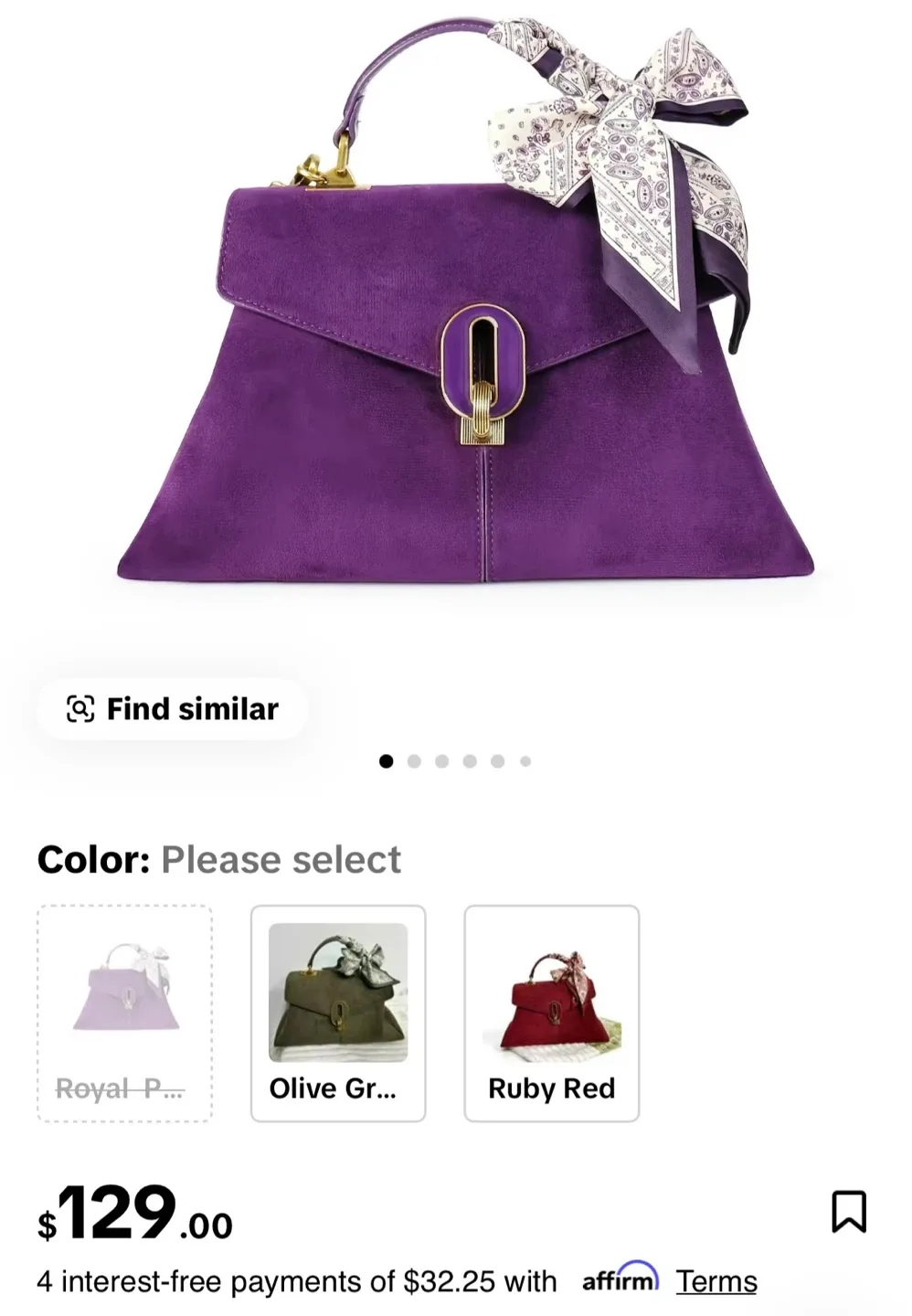 Purple Suede Top Handle Bag with Scarf Accent