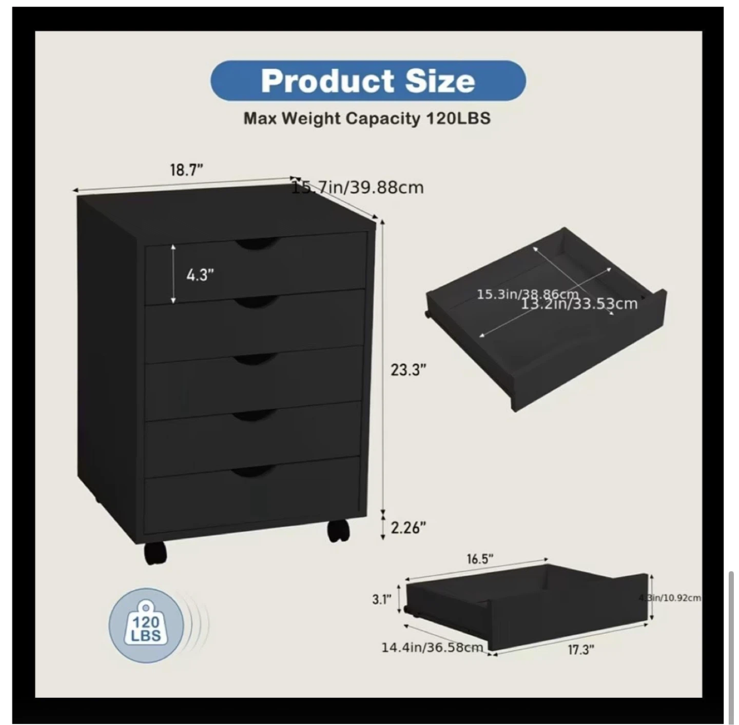 Black 5-Drawer Rolling Storage Cart