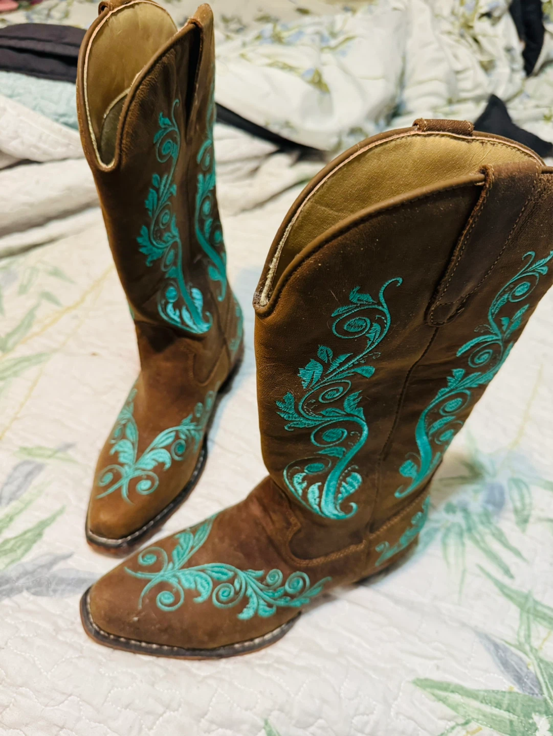 Brown Cowgirl Boots with Turquoise Embroidery