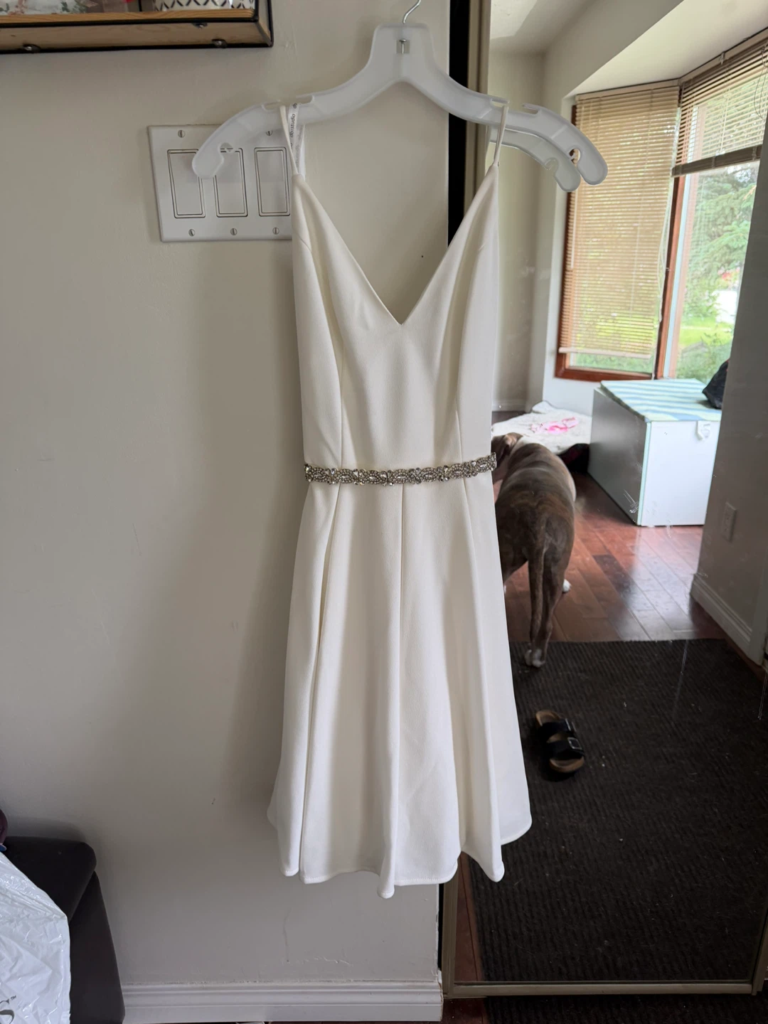 White Spaghetti Strap Dress with Crystal Belt