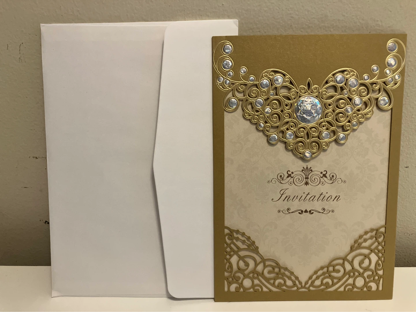 Elegant Gold Wedding Invitation with Rhinestones