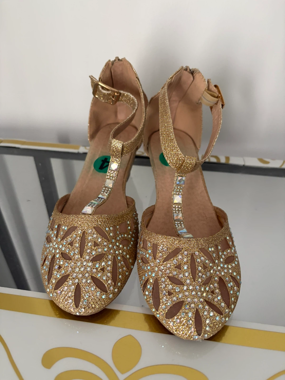 Gold Glitter Flats with Rhinestones - Size 4