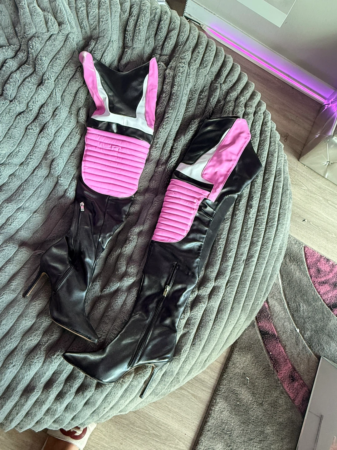 Black & Pink Over-the-Knee Stiletto Boots
