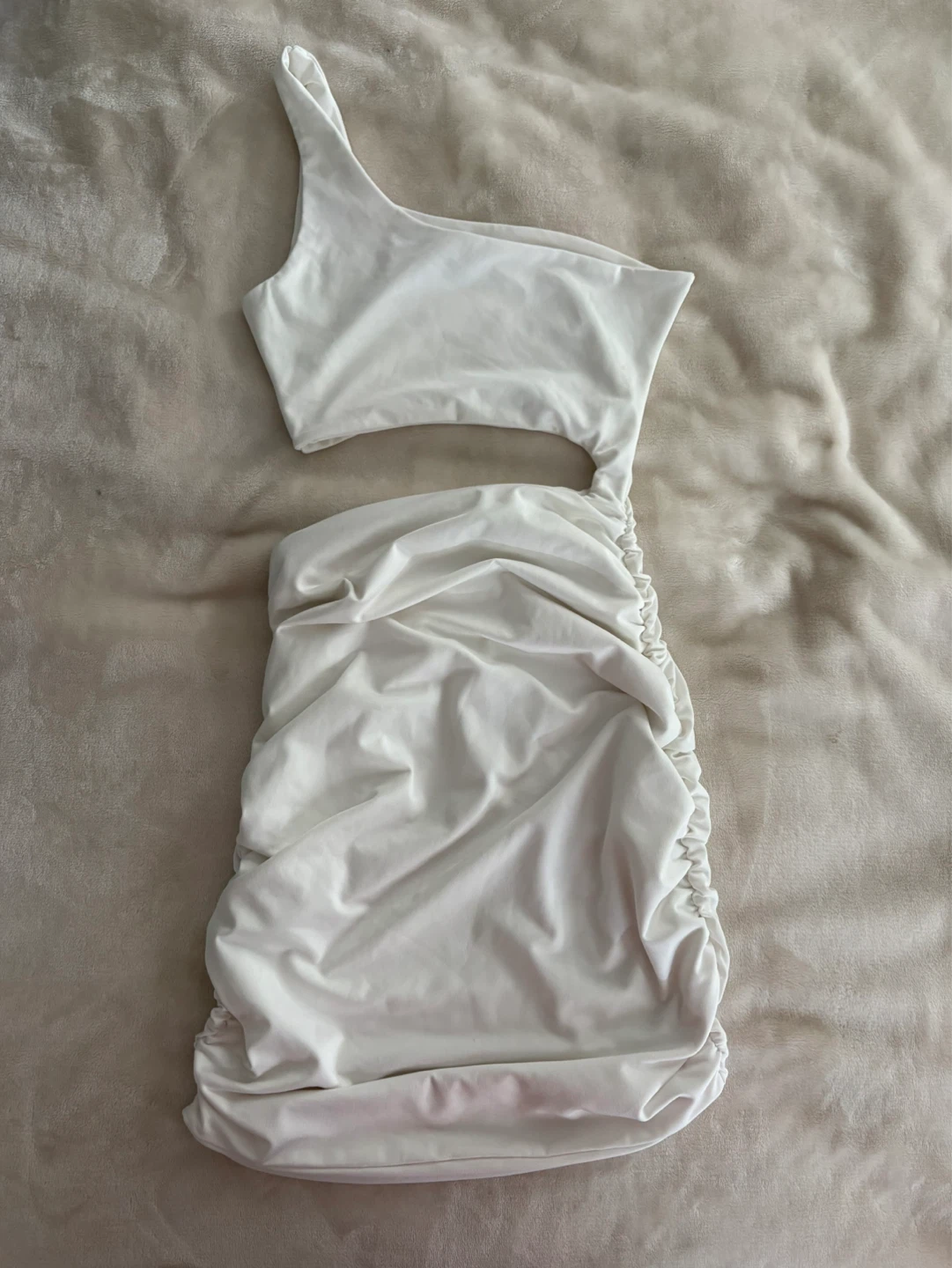 White One-Shoulder Ruched Mini Dress