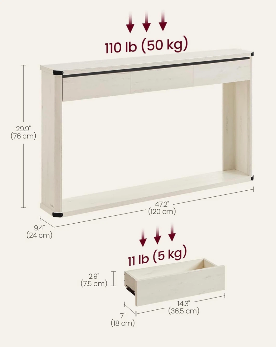 Brand new VASAGLE White Console Table with 3 Drawers - photo 4