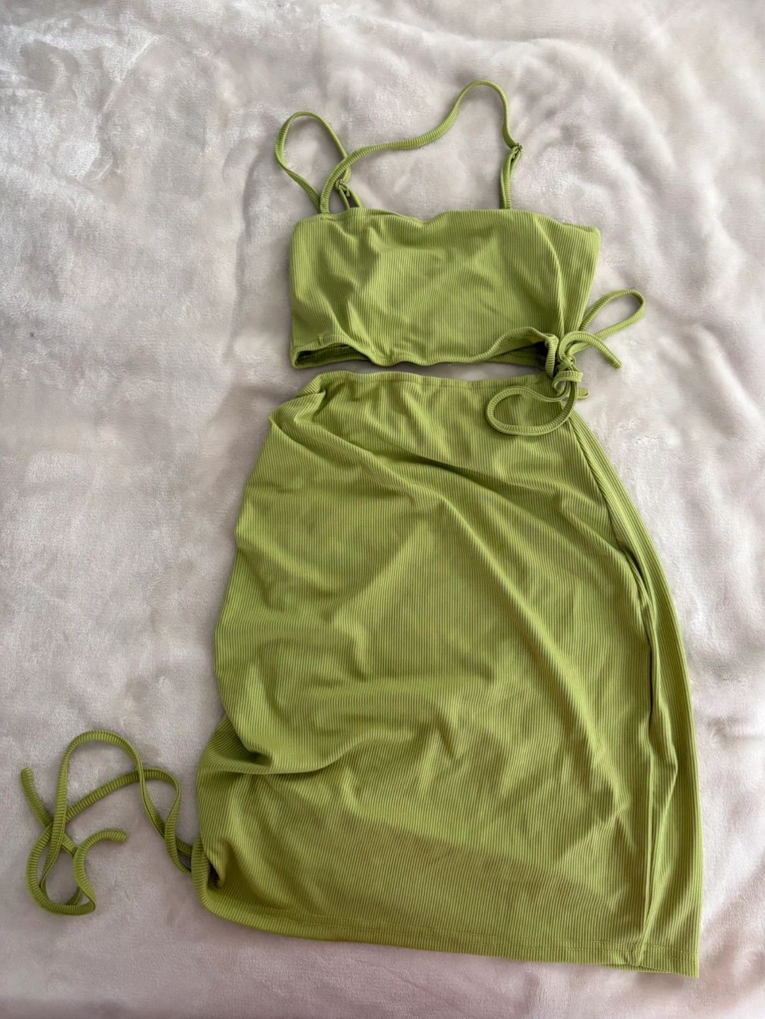 Green Ribbed Crop Top and Skirt Set
