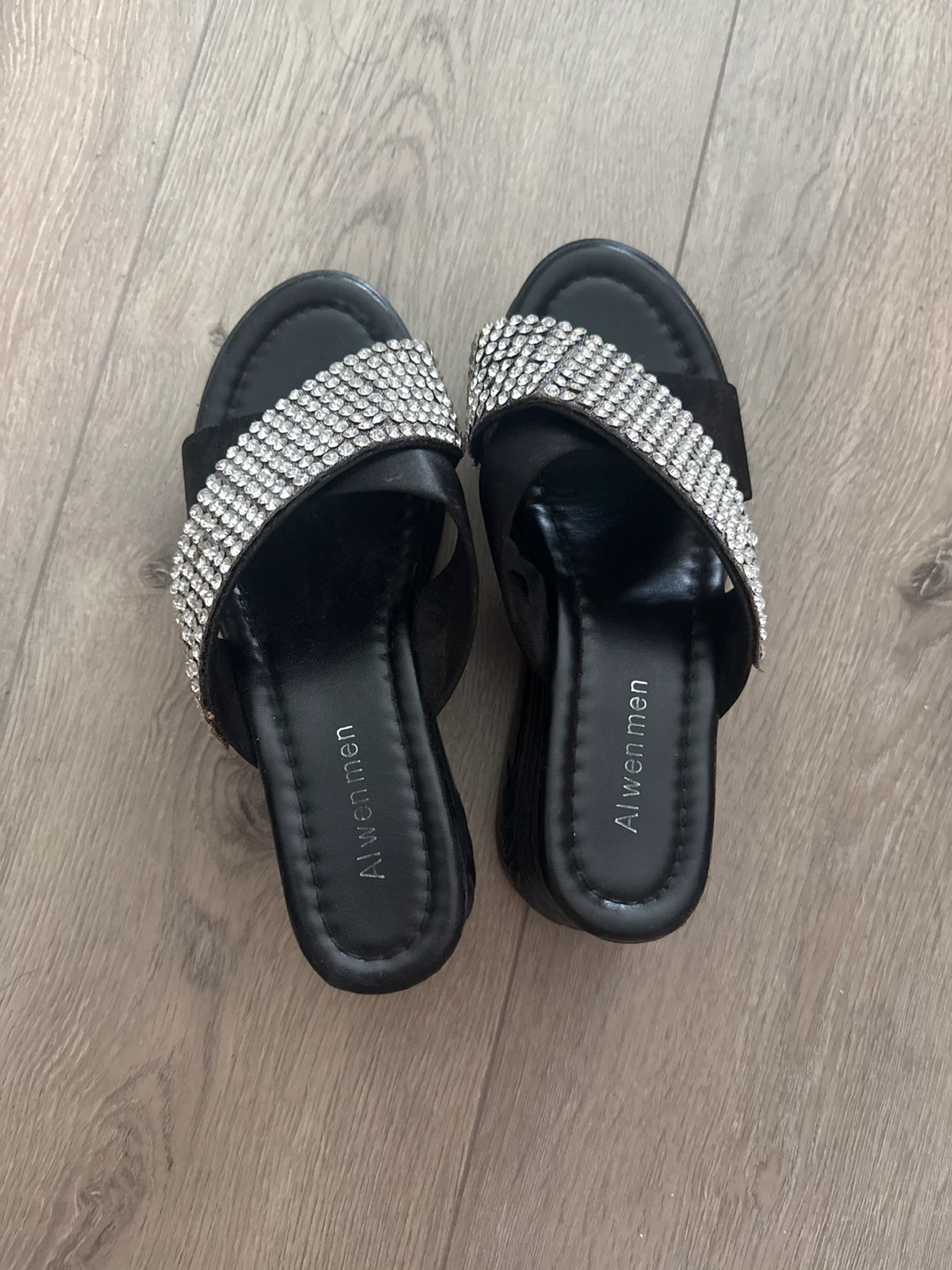 Black Wedge Sandals with Rhinestone Embellishment - photo 2
