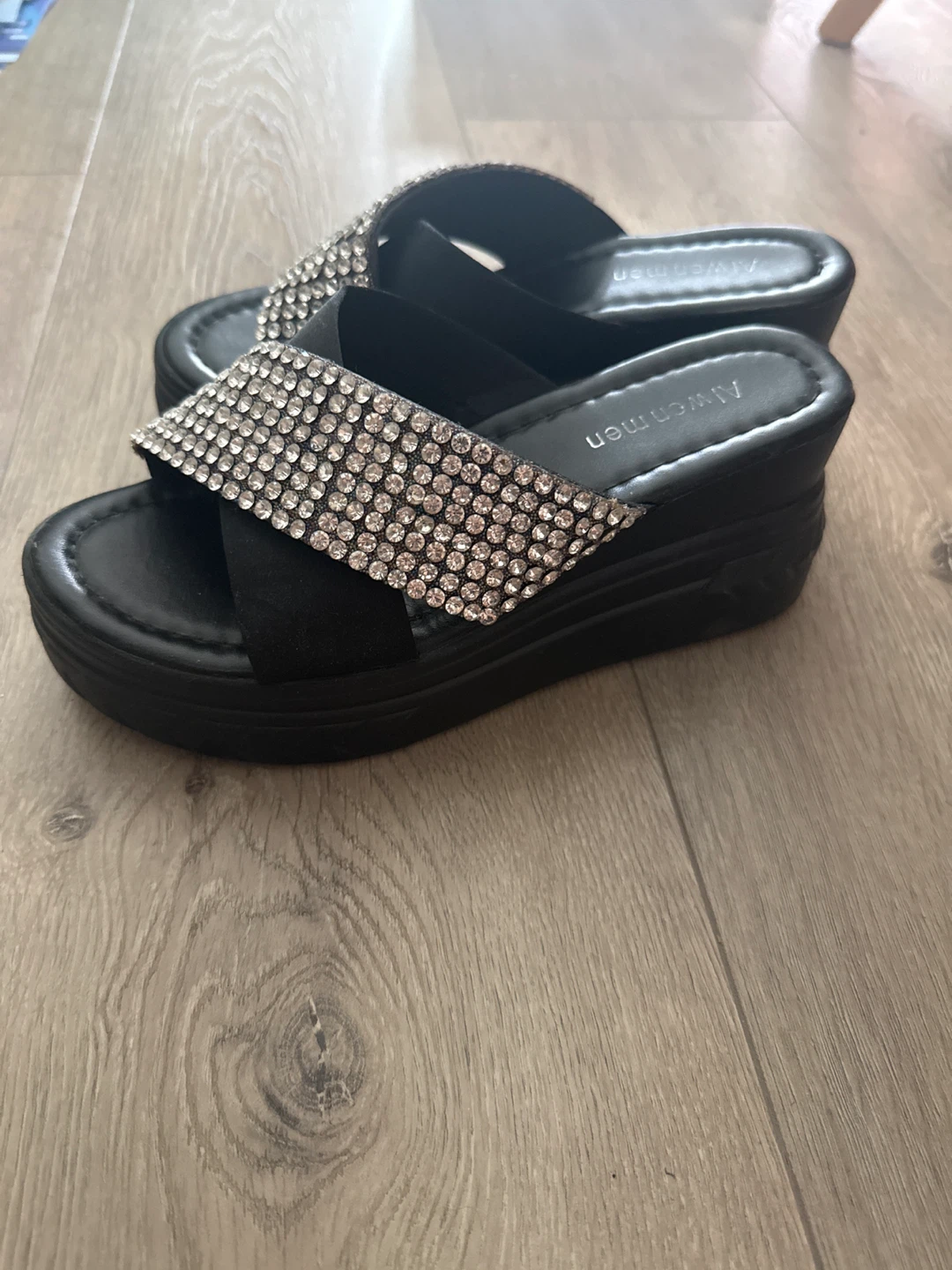 Black Wedge Sandals with Rhinestone Embellishment