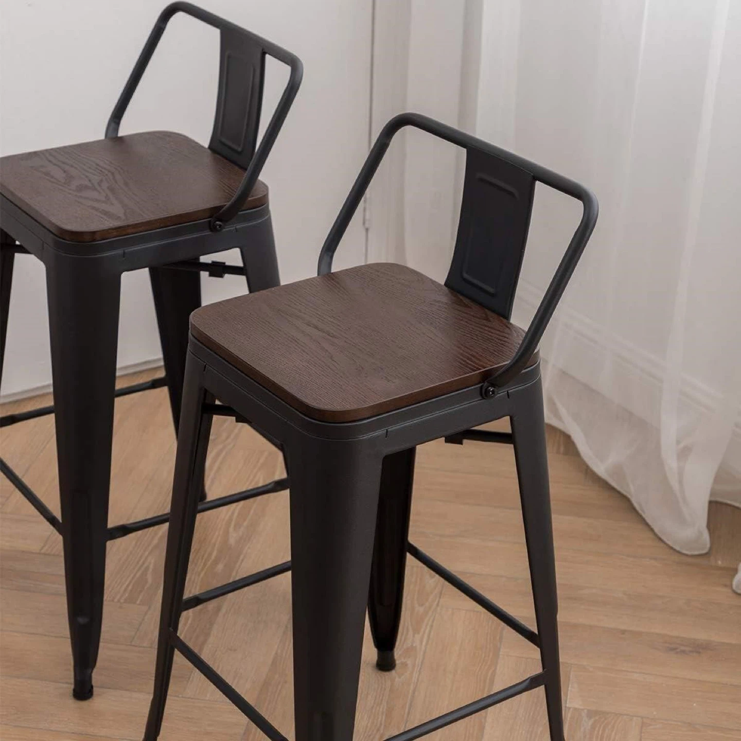 Set of 2 New Black Metal Bar Stools with Wooden Seats