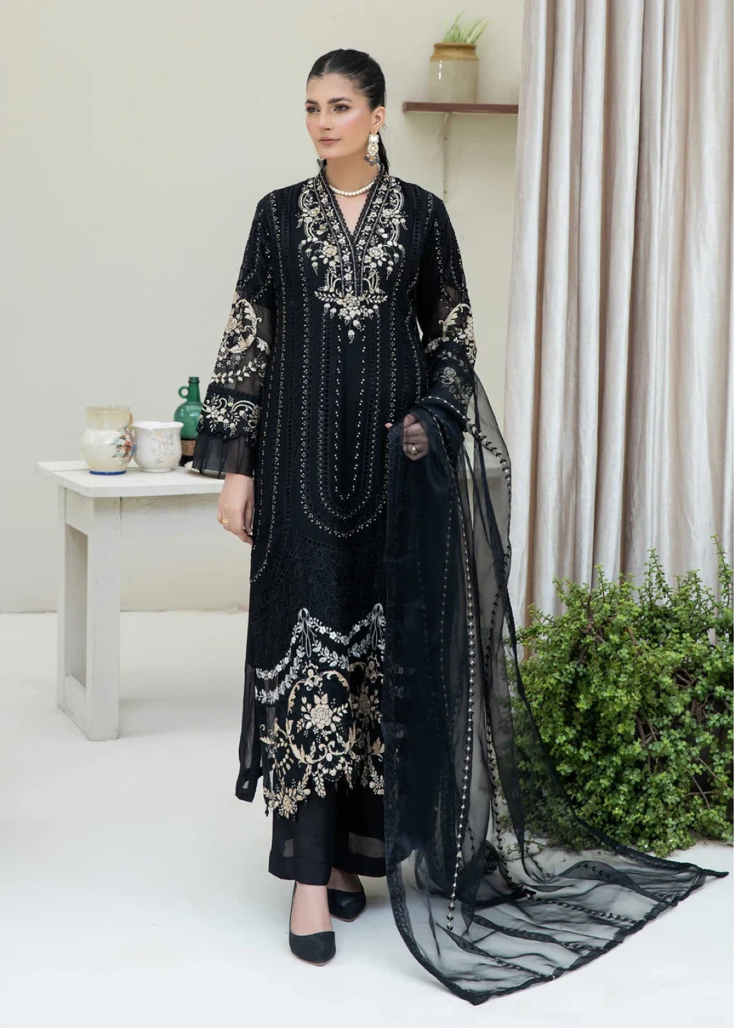 Women's Black Embroidered Lawn Suit with Dupatta