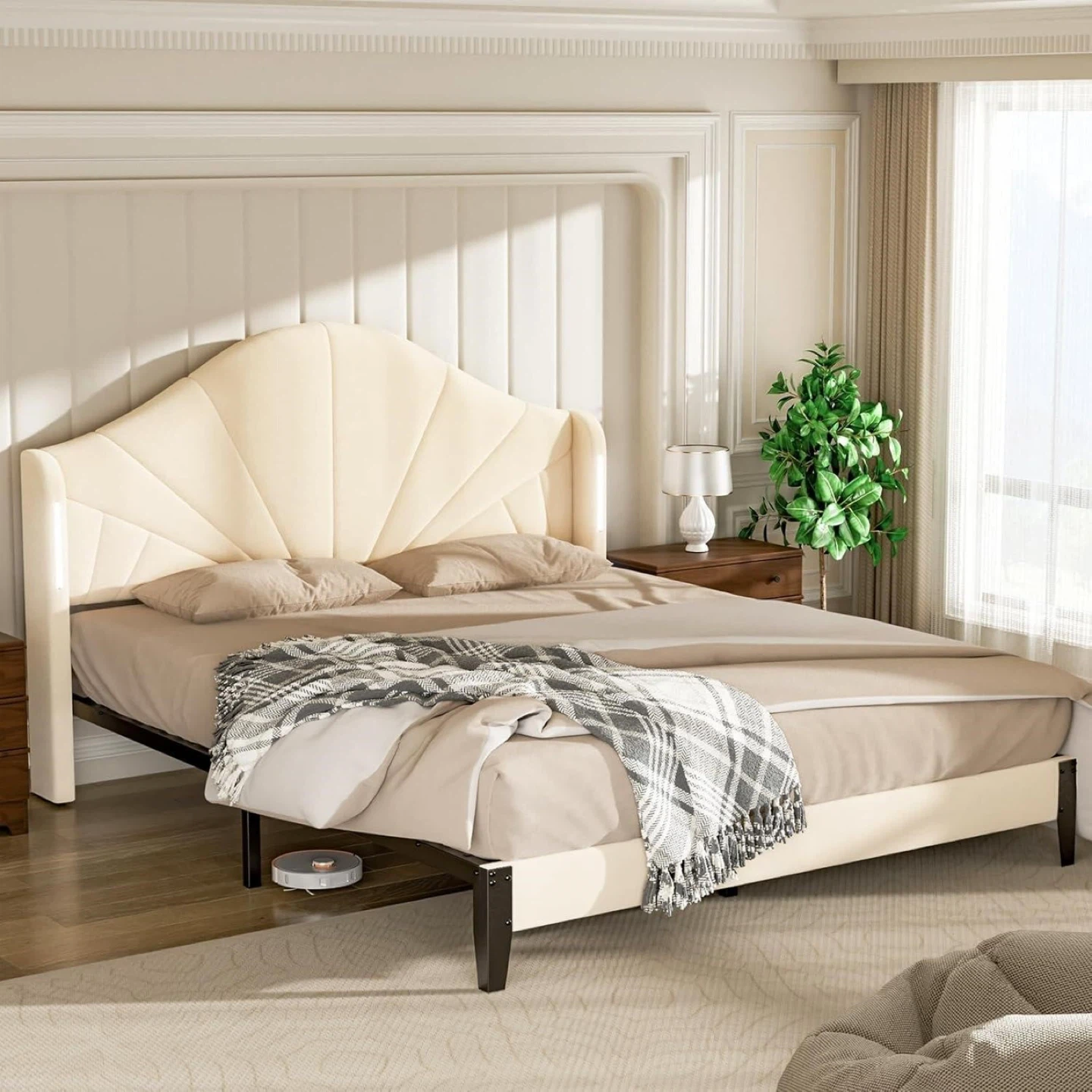 Beige Velvet Upholstered Touch Lights - Full Size bed