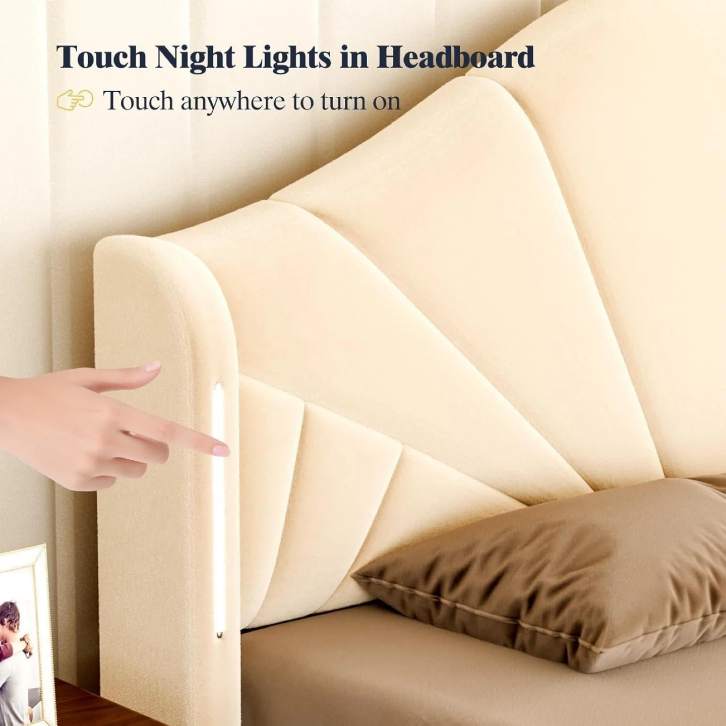 Beige Velvet Upholstered Touch Lights - Full Size bed - photo 3
