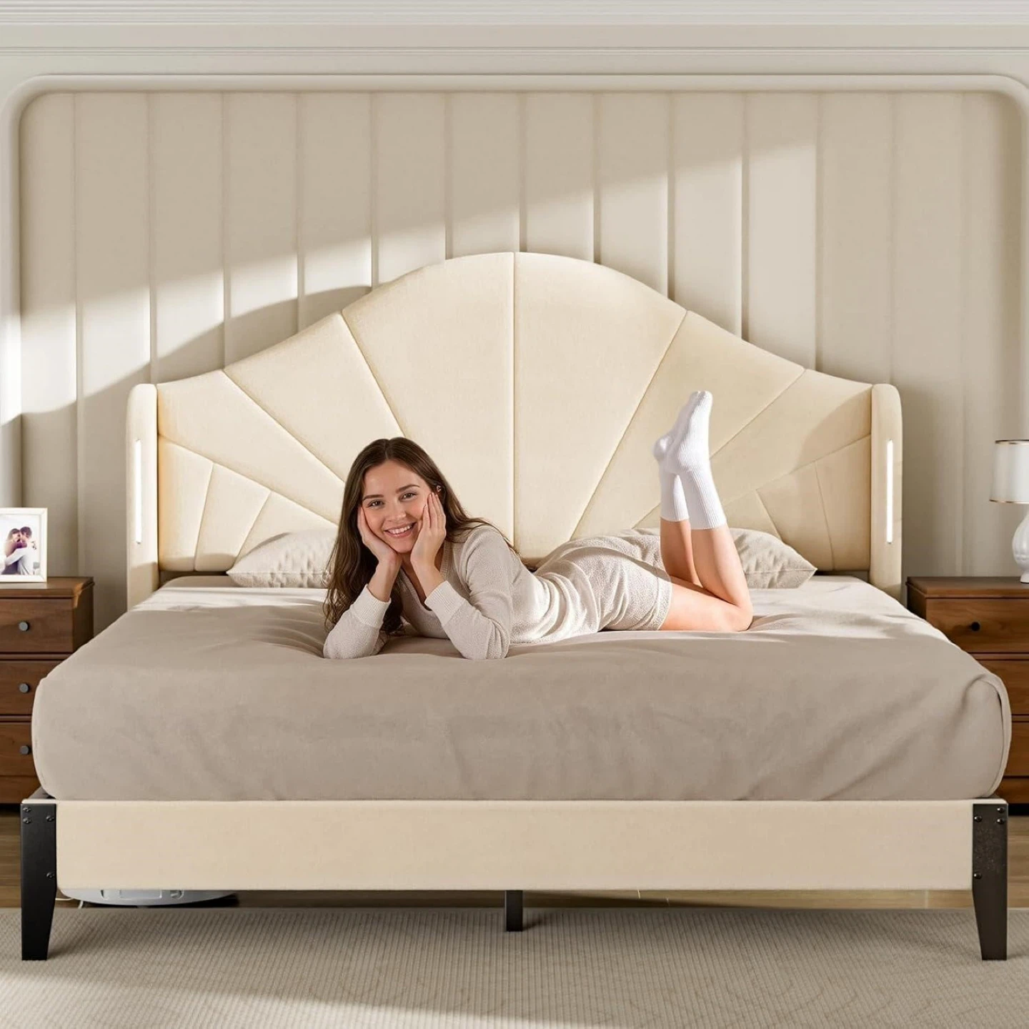 Beige Velvet Upholstered Touch Lights - Full Size bed - photo 4
