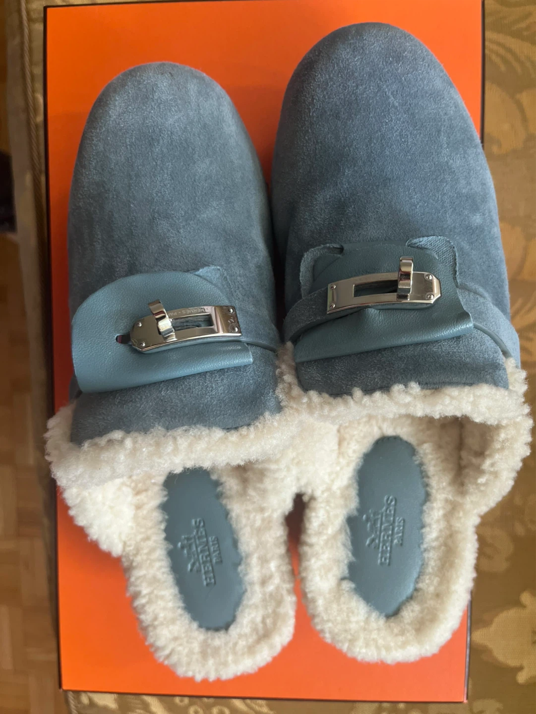 Hermès Shearling Clogs - Blue Suede - Size 38